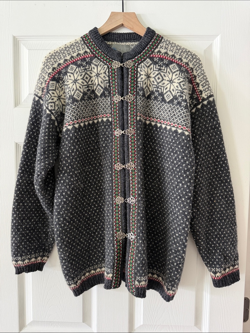Squaw Valley Dark Gray Nordic Wool Cardigan with Embroidered Trim